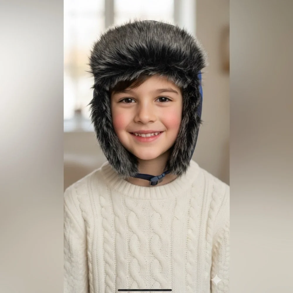 Kids Navy and Black Fur-Lined Hat